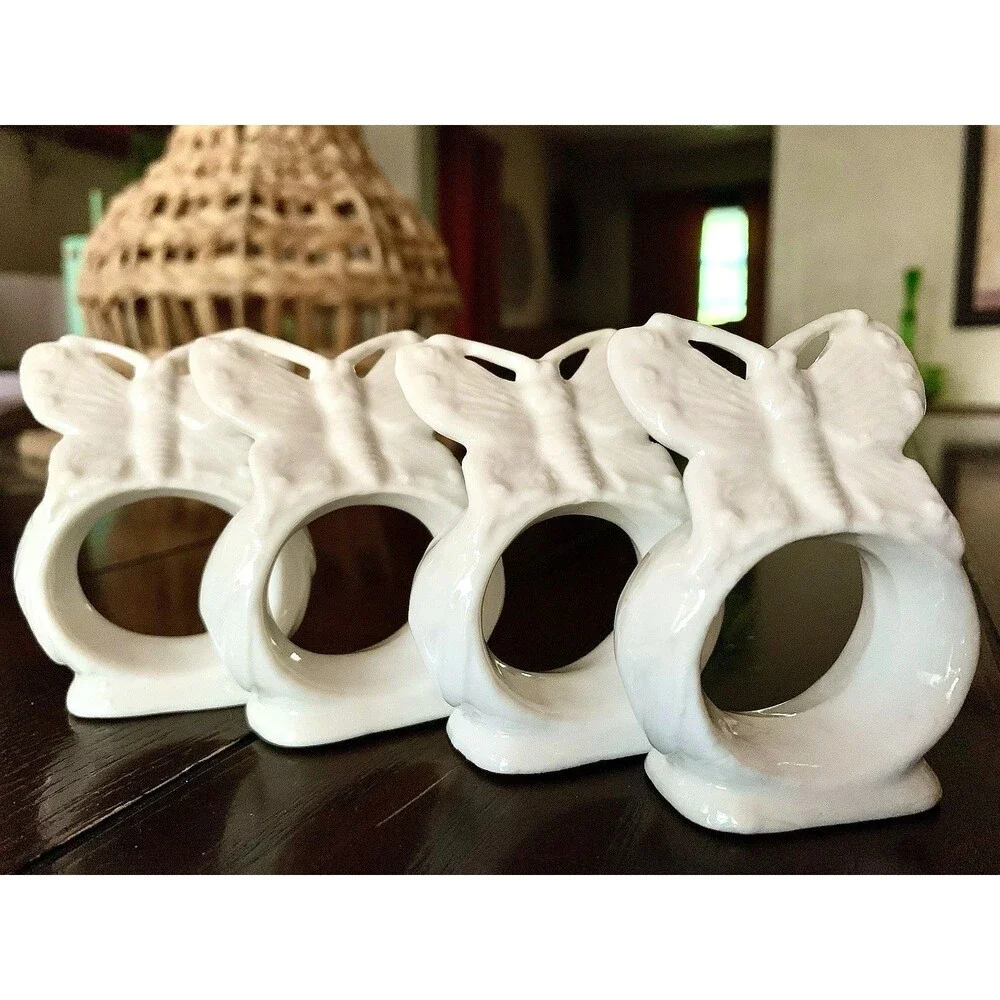 Vtg Ardalt Taiwan Bone China White Butterfly Napkin Rings Set Of 4 Spring Summer